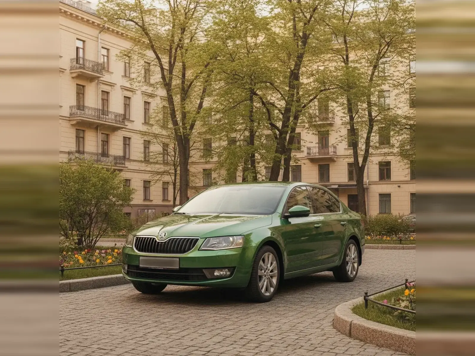 Автомобиль марки Škoda во дворе жилого дома