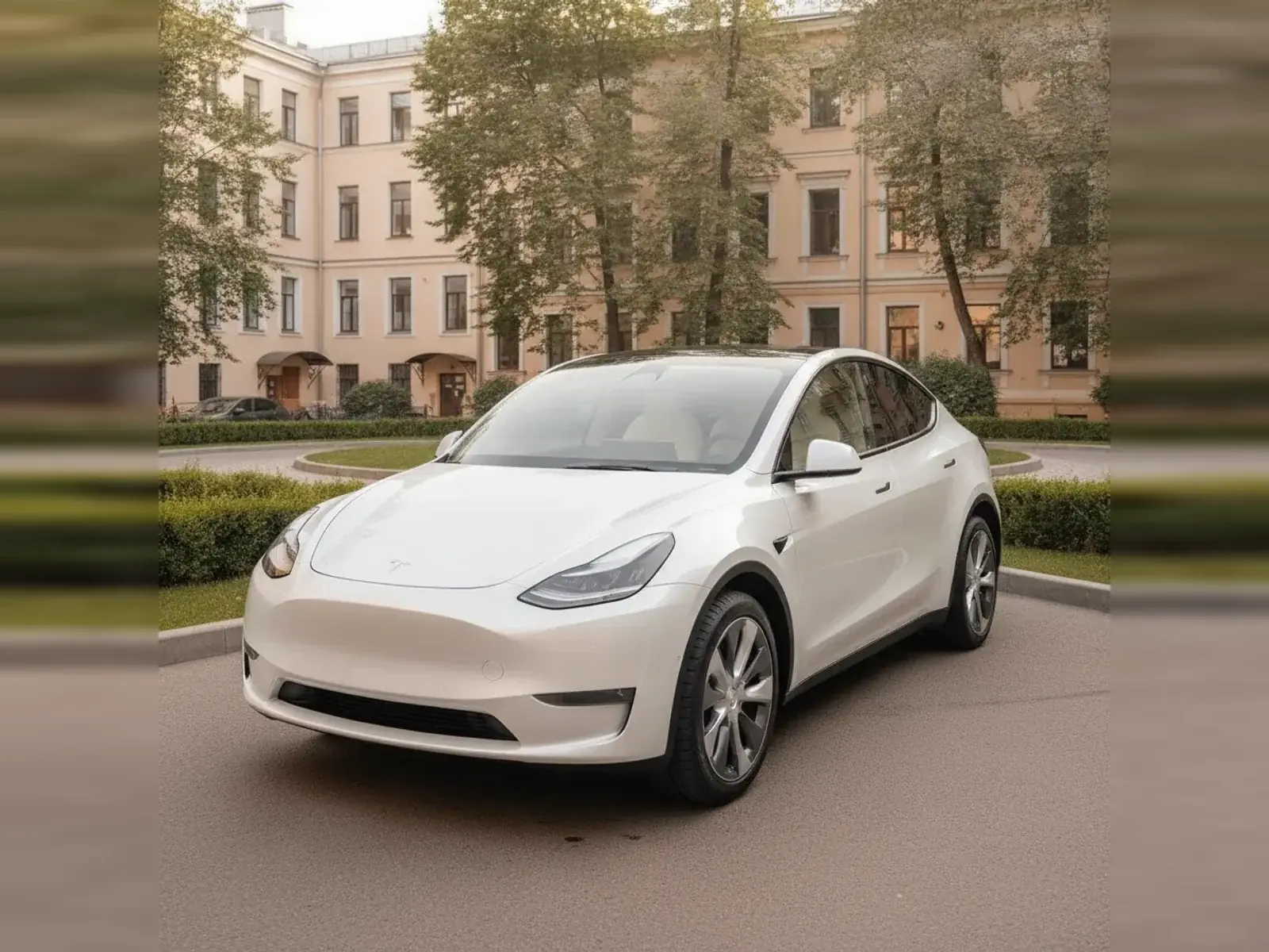 Автомобиль марки Tesla во дворе жилого дома