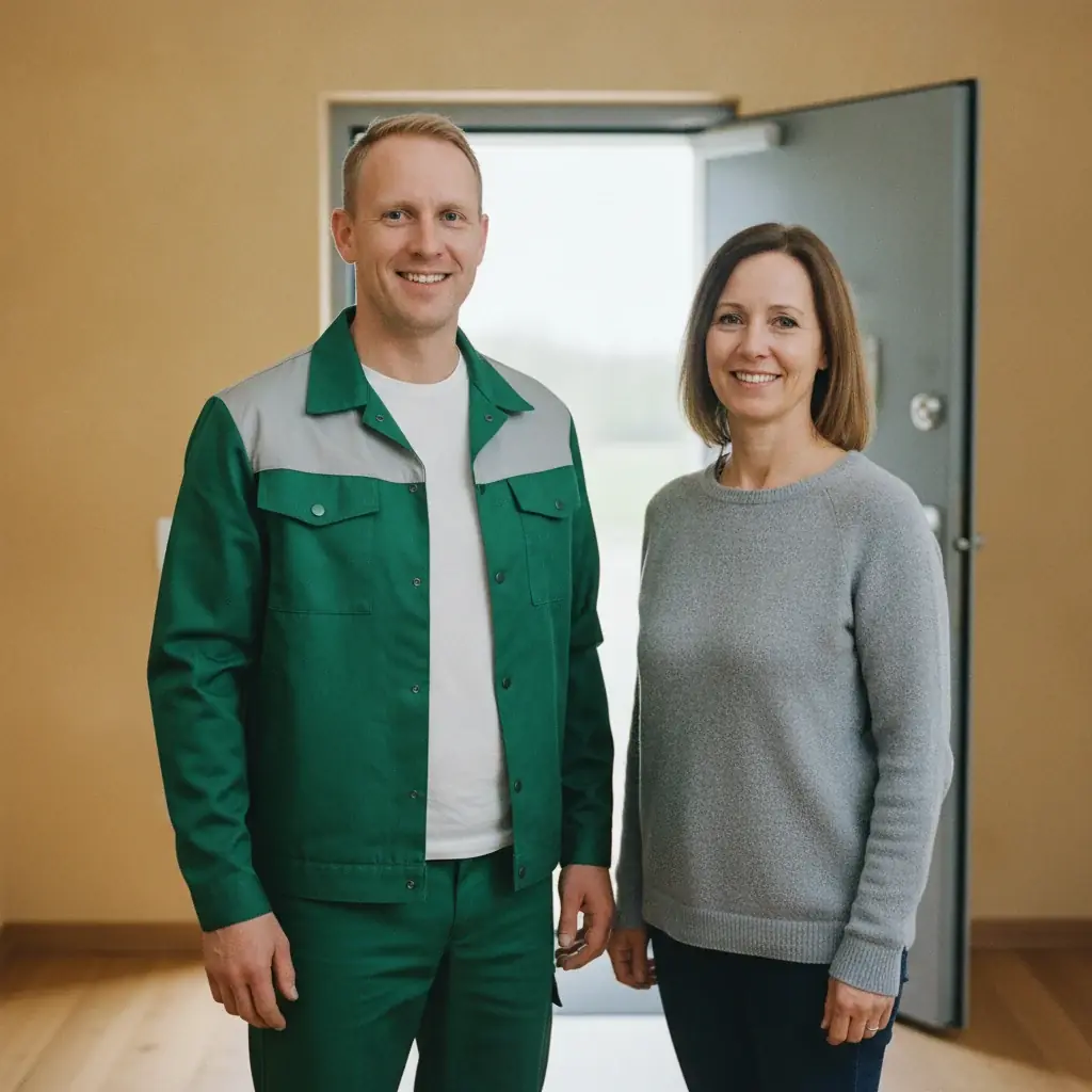 Мастер и клиент после работы: полотно просело и стало задевать коробку сверху